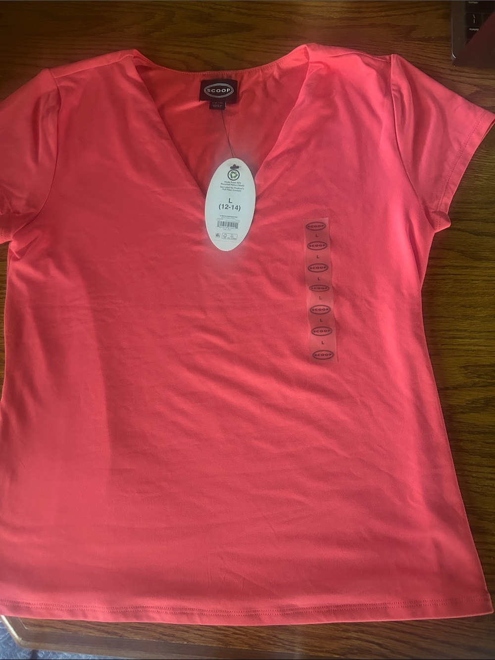 Scoop Short-Sleeve V-Neck Tee in Coral Pink